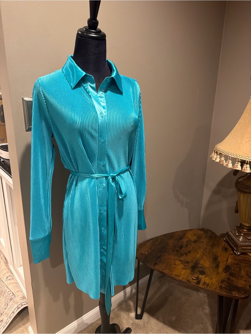 Long-Sleeve Button Shirtdress with Tie Waist in Teal